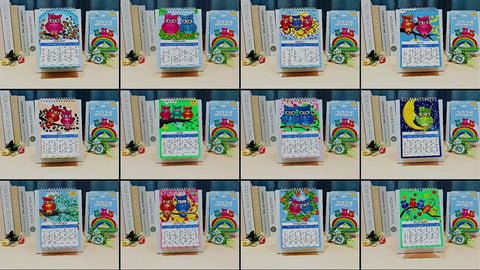 Image of Complete 2025 diamond painting calendar set showing all twelve months with owl-themed designs, DIY craft for each month