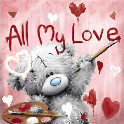 Image of Adorable teddy bear painting a heart with the words 'All My Love'