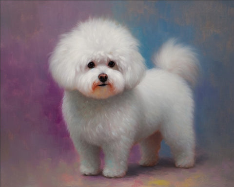 Image of Diamond painting of a Bichon Frise standing elegantly on a purple background.