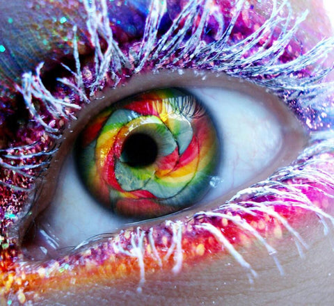 Image of Diamond painting of a colorful eye with a swirl design and glitter eyelashes