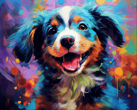 Image of Diamond painting of a colorful puppy with a happy expression