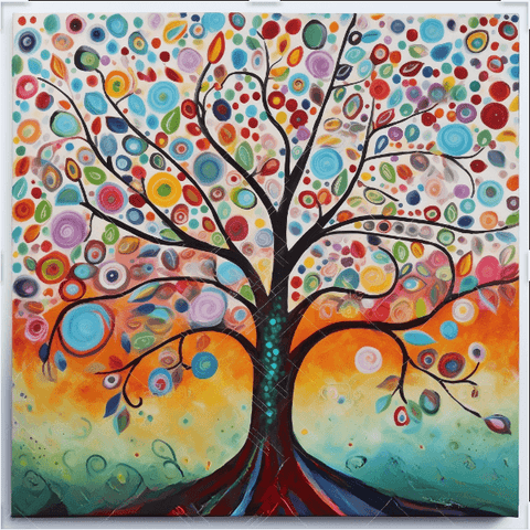 Image of Diamond painting of a colorful, whimsical tree with circular leaves and a vibrant background