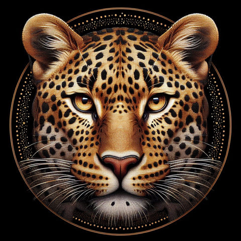 Image of Diamond painting of a leopard's face in a close-up view, showcasing its spots.