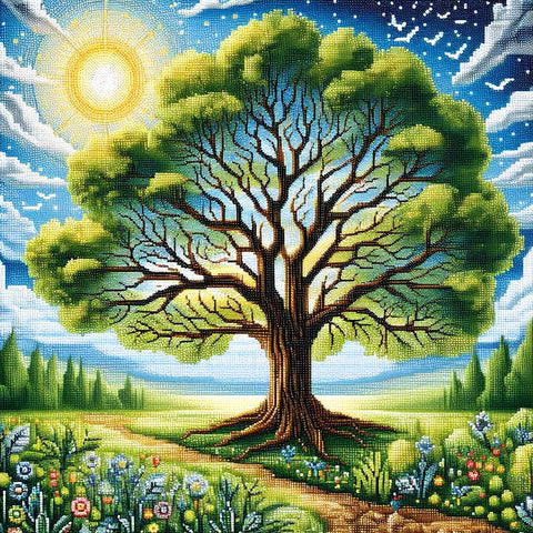 Image of Diamond painting of a lush green tree bathed in warm sunlight. 