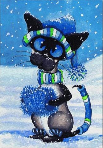 Image of Diamond painting of a cute cat wearing a blue hat and scarf, standing in the snow and holding a snowball.