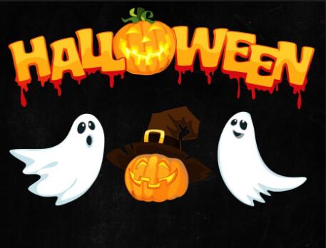 Image of Diamond painting of a Halloween scene with a pumpkin, ghosts, and a witch's hat.