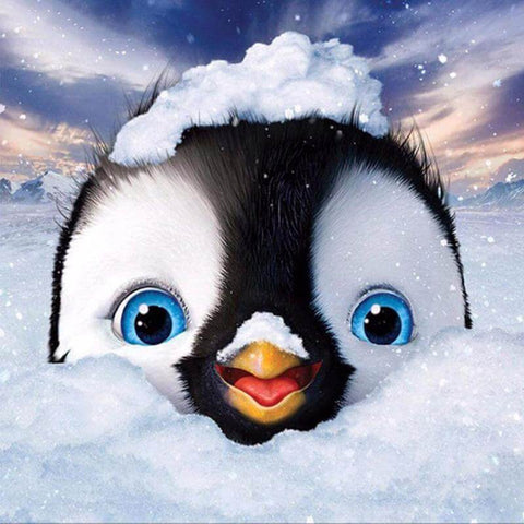 Image of Diamond painting of an adorable baby penguin peeking out from the snow with a playful expression.