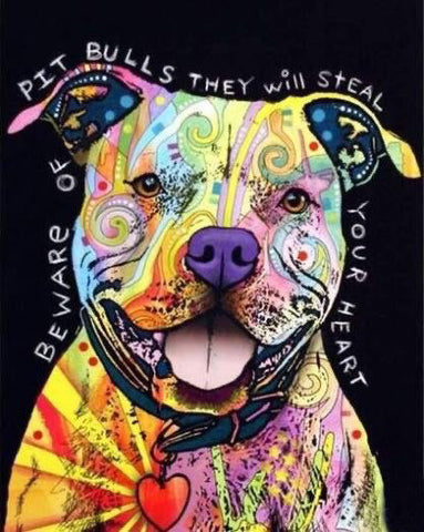 Image of Diamond painting of a colorful, stylized pitbull dog with the text "Beware of Pit Bulls They Will Steal Your Heart."