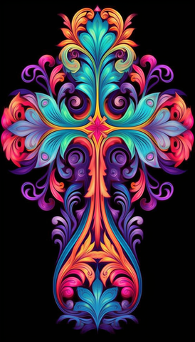 Image of Diamond painting of a colorful, ornate cross with floral details