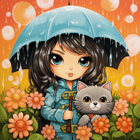 Image of Rainy Day Lady and a Kitten - DIY Diamond Painting