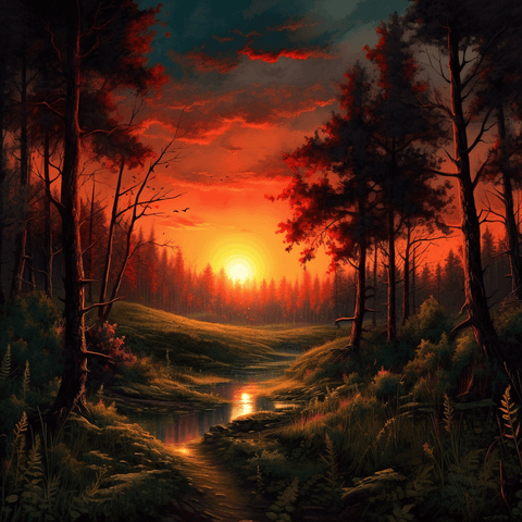 Image of Diamond painting depicting a sunset over a forest with silhouettes of trees.