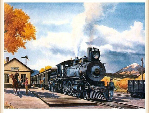 Image of Diamond painting of a vintage steam train at a train station
