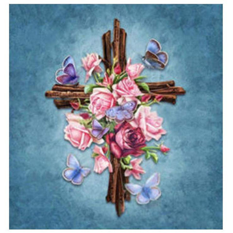 Image of Diamond painting of a wooden cross adorned with pink roses and surrounded by butterflies.
