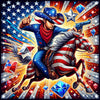 Sparkling diamond art featuring a patriotic cowboy scene with American flag elements.