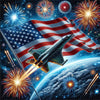 Diamond painting of the American flag in space with a jet flying by