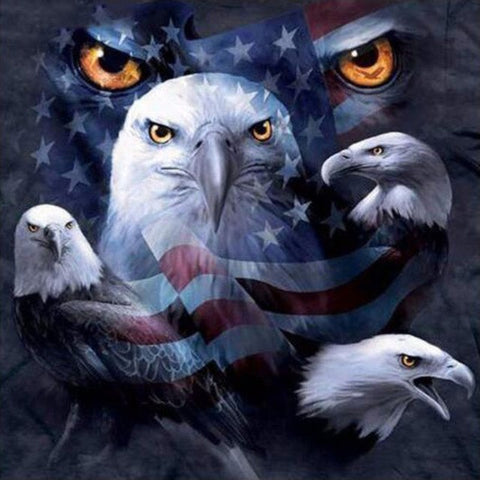 Image of Diamond painting of several bald eagles in front of the American flag.