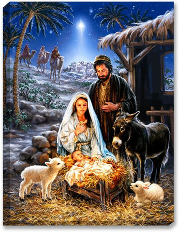 Image of A sparkling diamond art portrayal of the biblical Nativity scene.