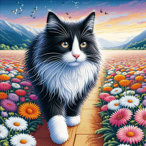 Image of Diamond Painting: Black and White Cat Walking Through Flower Field