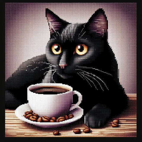 Image of Sparkling diamond art depicting a black cat relaxing with a cup of coffee.