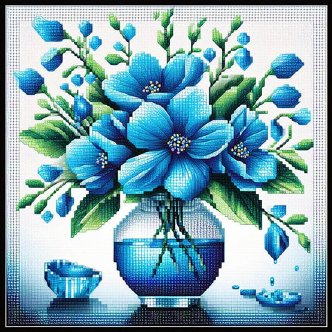 Image of Vibrant Blue Flower Bouquet in Glass Vase Diamond Painting