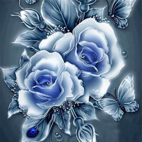 Image of Diamond painting of blue roses with a delicate butterfly.