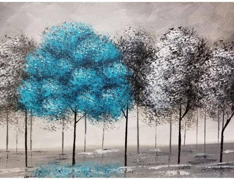 Image of Diamond Painting of a Blue Tree in a Forest of Gray Trees