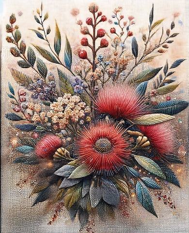 Image of Diamond painting of a colorful bouquet of flowers in full bloom, with soft pink and yellow petals and green leaves.