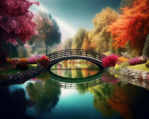 Image of Diamond painting of a scenic landscape with a bridge overlooking a calm lake.