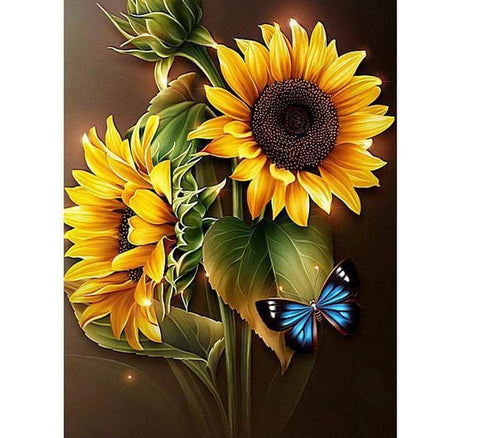 Image of Diamond painting of a colorful butterfly perched on a yellow sunflower.  pen_spark