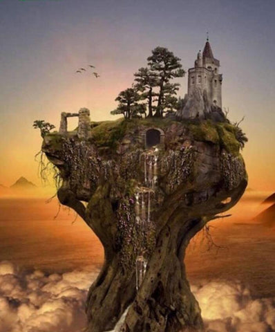 Image of Diamond painting of a majestic castle perched on a cliff overlooking a vast landscape with clouds and distant mountains.