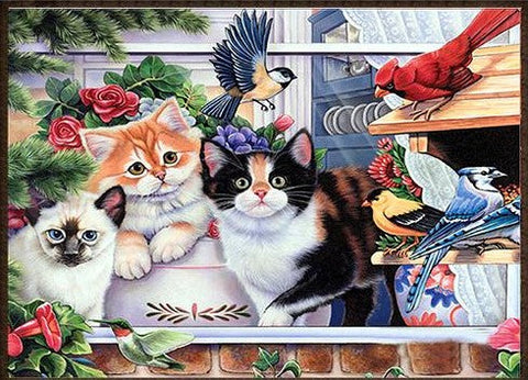 Image of Diamond painting of a cat family looking out a window at various birds, including a hummingbird, blue jay, cardinal, and chickadee.