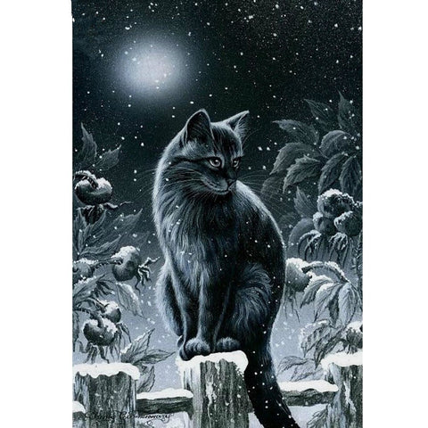 Image of Diamond painting of a black cat sitting on a fence, in a snowy winter night.