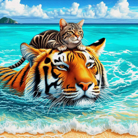 Image of playful diamond painting of a cat perched on a tiger's head, both swimming in a vibrant ocean