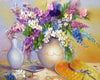 Diamond painting of a ceramic jug overflowing with a vibrant summer bouquet of roses, sunflowers, and daisies.