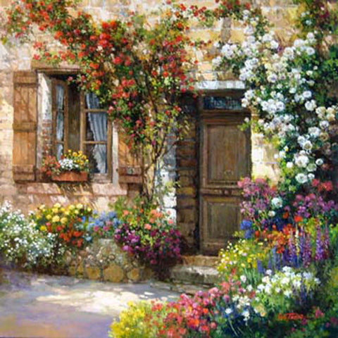 Image of Charming cottage garden with a wooden door and floral decorations.