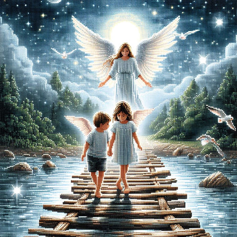 Image of Diamond painting of children crossing a bridge with a guardian angel.