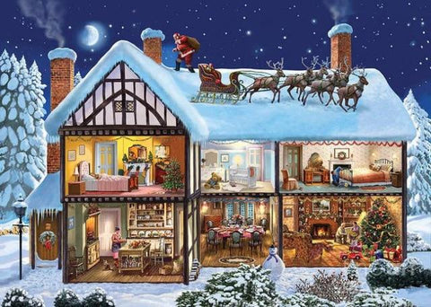 Image of Sparkly diamond painting featuring Santa Claus delivering presents through the roof at Christmas.
