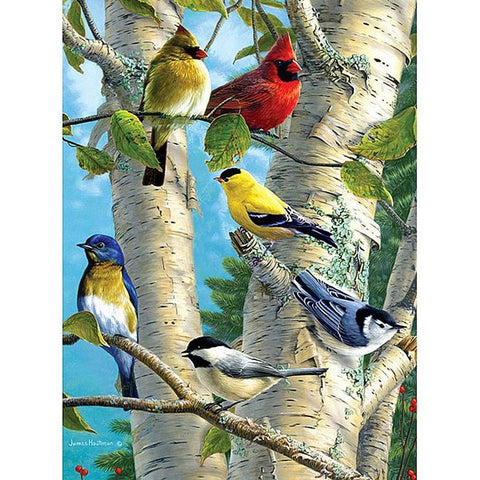 Image of Diamond painting of a flock of colorful birds perched on a tree.