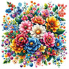 Diamond painting of a vibrant bouquet of colorful flowers in full bloom, with a mix of pink, purple, and yellow petals.
