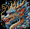 Diamond painting of a colorful Chinese dragon with a long, serpentine body, scales, and horns.