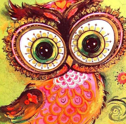 Image of Diamond painting of a colorful owl with big eyes and a yellow beak