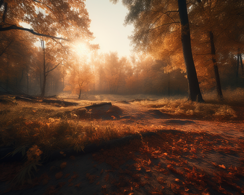 Image of Diamond painting featuring a vibrant fall forest with a winding path covered in colorful leaves.