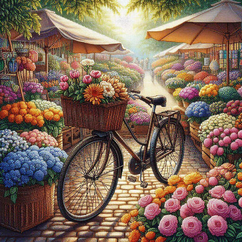Image of Bicycle at a flower market diamond painting