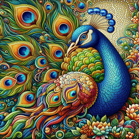 Image of Diamond painting of a colorful peacock with intricate details.