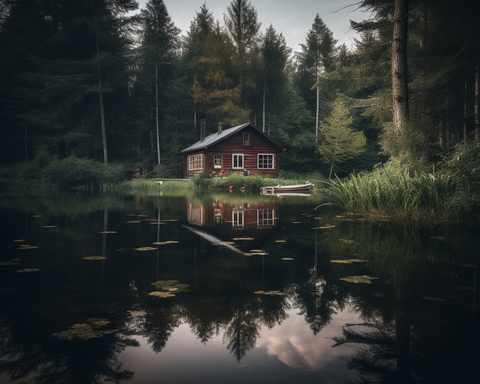 Image of Diamond painting of a cozy cabin nestled by a peaceful lake.