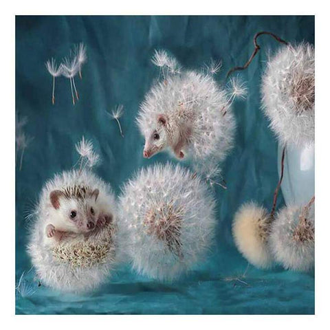 Image of Diamond painting of a cute hedgehog curled up inside a fluffy dandelion.