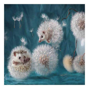 Diamond painting of a cute hedgehog curled up inside a fluffy dandelion.