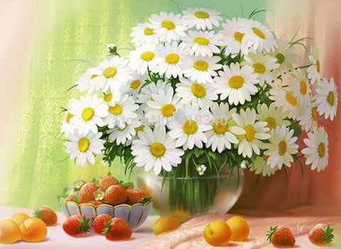 Image of Diamond painting of a vase with daisies and strawberries on a table.