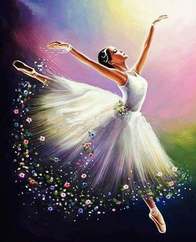 Image of Diamond painting of a ballerina in a graceful dance pose.