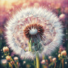 Diamond painting depicting a close-up of a dandelion puff blowing in the wind, making a wish come true.